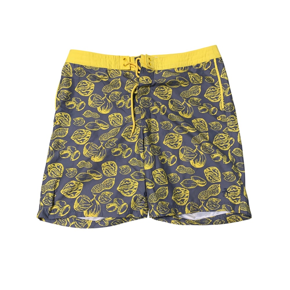 Original Penguin Board Shorts Mens 36 Gray Yellow Nut Print Swim Trunks Novelty
